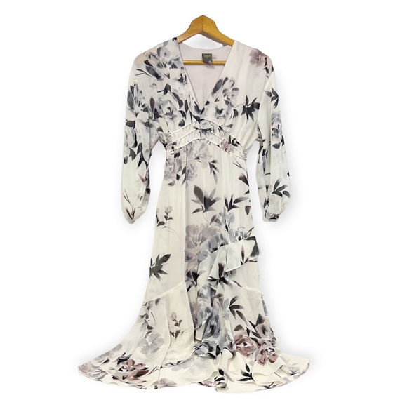 Taylor Sand True Blush V Neck Ruffle Hem Midi Dress Gathered Waist SZ 2 - Picture 2 of 13